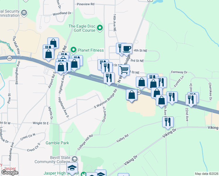 map of restaurants, bars, coffee shops, grocery stores, and more near 1301 Highway 78 East in Jasper