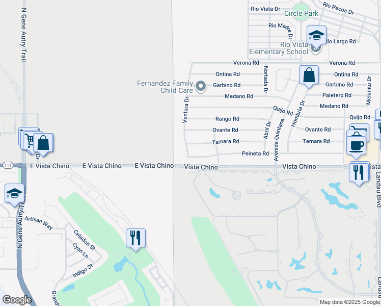 map of restaurants, bars, coffee shops, grocery stores, and more near 67120 Peineta Road in Cathedral City