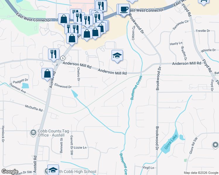 map of restaurants, bars, coffee shops, grocery stores, and more near 1575 Silver Ridge Drive Southwest in Austell