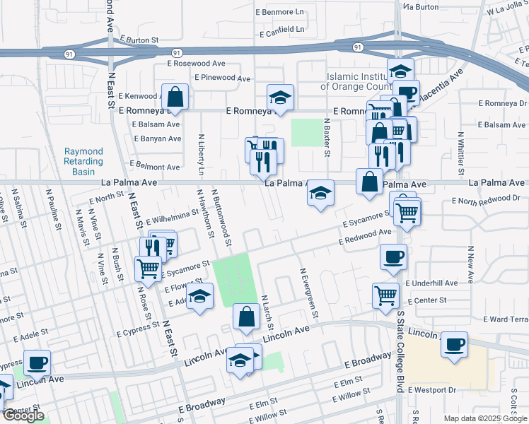 map of restaurants, bars, coffee shops, grocery stores, and more near 638 North Anna Drive in Anaheim
