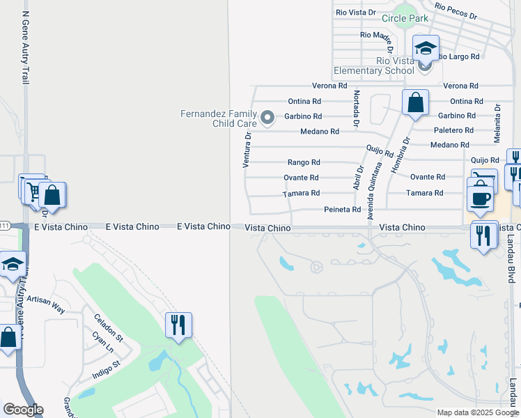 map of restaurants, bars, coffee shops, grocery stores, and more near 67130 Peineta Road in Cathedral City
