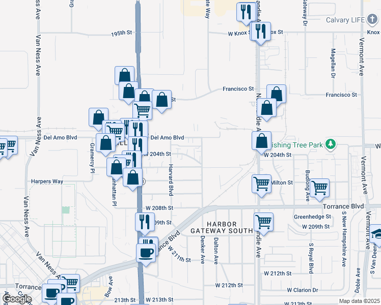map of restaurants, bars, coffee shops, grocery stores, and more near 1519 West 204th Street in Torrance