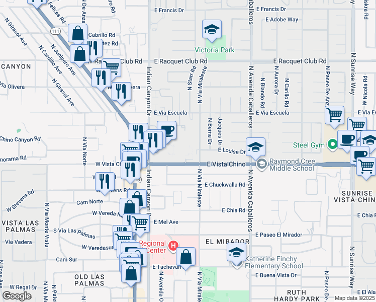 map of restaurants, bars, coffee shops, grocery stores, and more near 1735 North Vía Miraleste in Palm Springs