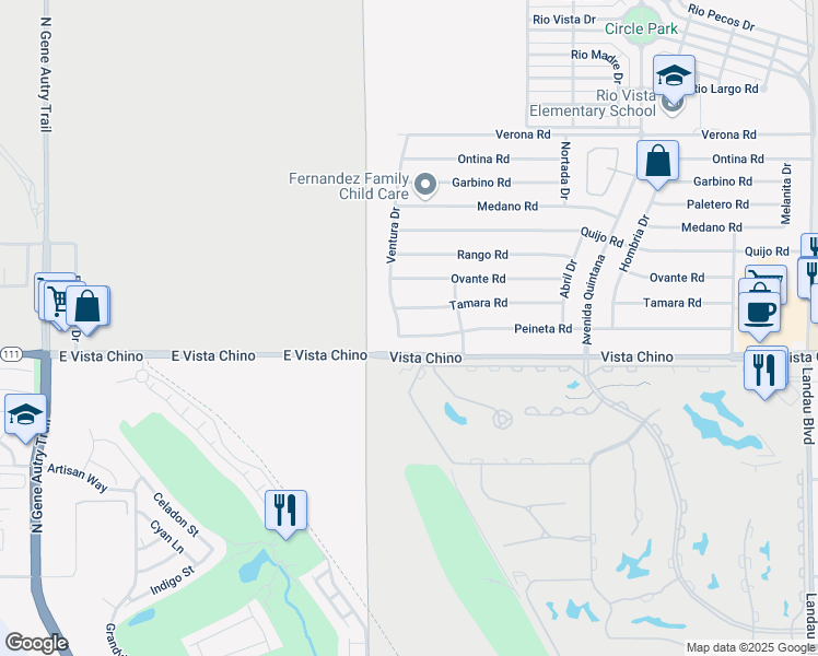 map of restaurants, bars, coffee shops, grocery stores, and more near 67130 Peineta Road in Cathedral City