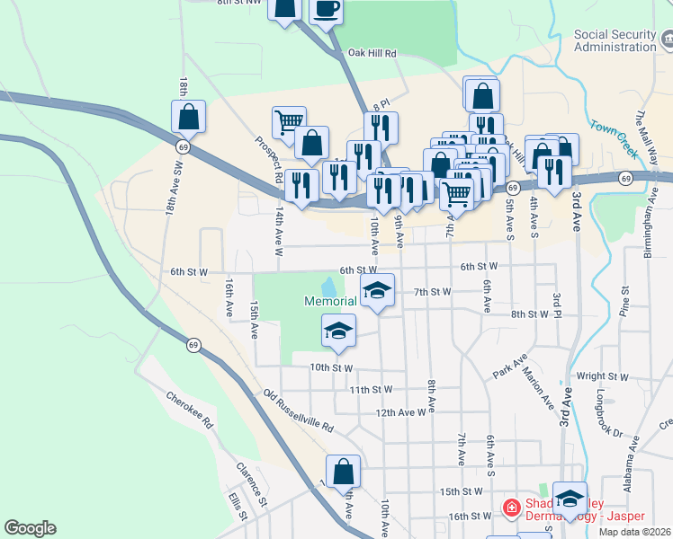 map of restaurants, bars, coffee shops, grocery stores, and more near 1008 6th Street West in Jasper