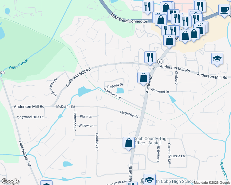 map of restaurants, bars, coffee shops, grocery stores, and more near 2040 Drennon Avenue in Austell