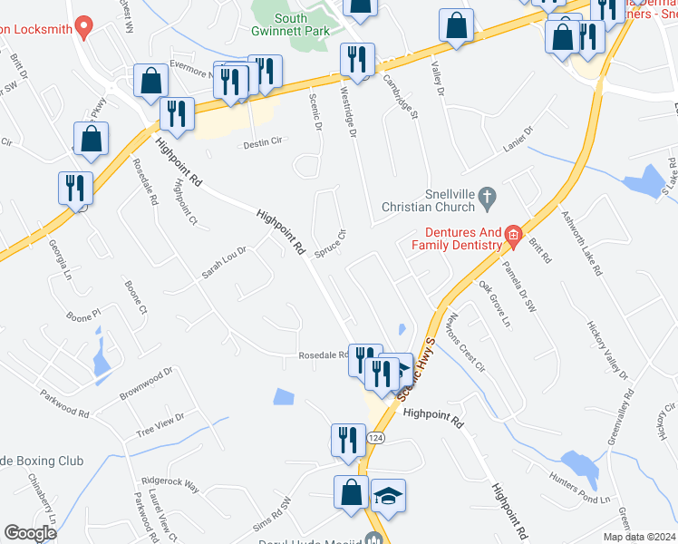 map of restaurants, bars, coffee shops, grocery stores, and more near 2281 Bankston Circle in Snellville