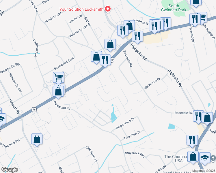 map of restaurants, bars, coffee shops, grocery stores, and more near 3328 Desoto Road in Snellville