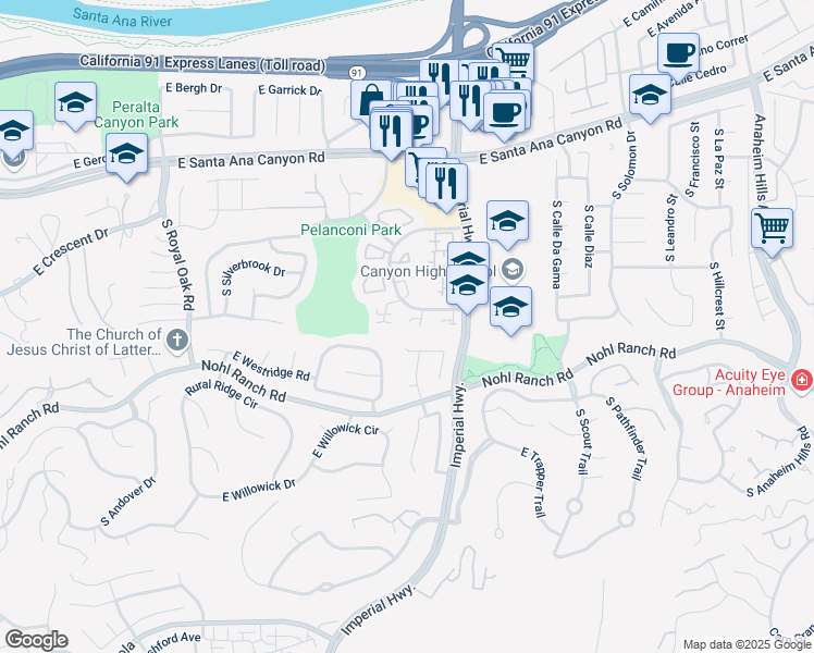 map of restaurants, bars, coffee shops, grocery stores, and more near 5626 East Vista Del Valle in Anaheim