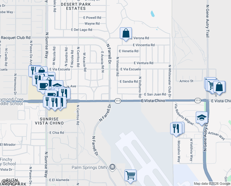 map of restaurants, bars, coffee shops, grocery stores, and more near 1815 North Viminal Road in Palm Springs