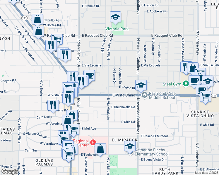 map of restaurants, bars, coffee shops, grocery stores, and more near 1820 North Vía Miraleste in Palm Springs