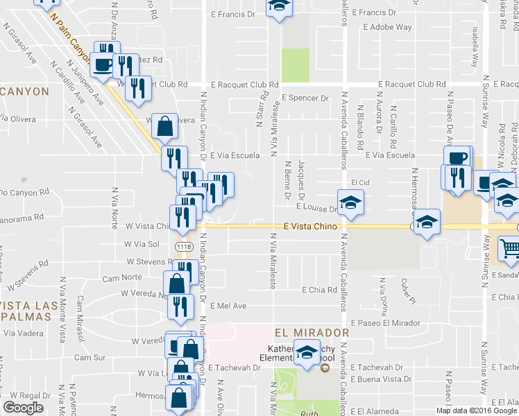 map of restaurants, bars, coffee shops, grocery stores, and more near 1735 North Vía Miraleste in Palm Springs