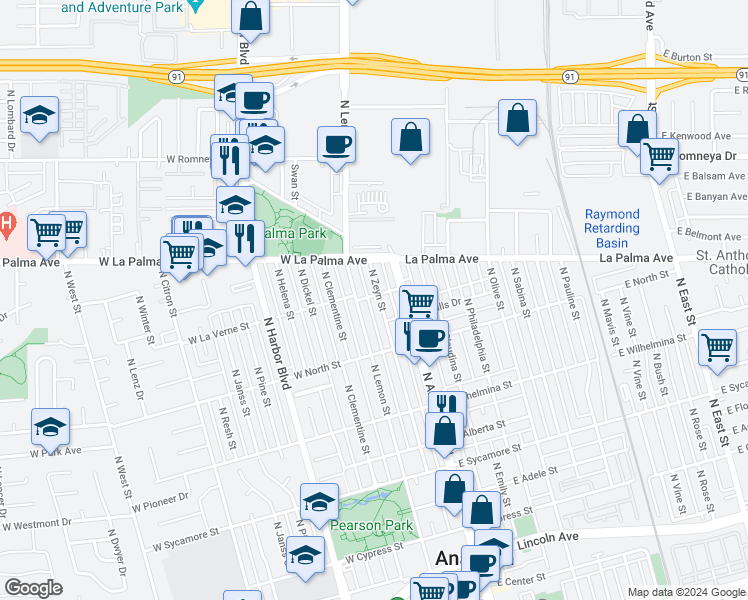 map of restaurants, bars, coffee shops, grocery stores, and more near 114 West La Verne Street in Anaheim