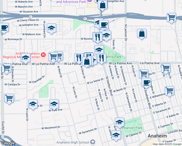 map of restaurants, bars, coffee shops, grocery stores, and more near 920 North Janss Street in Anaheim