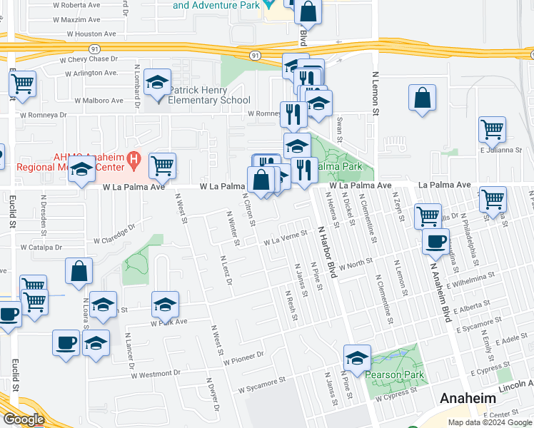 map of restaurants, bars, coffee shops, grocery stores, and more near 709 West Northgate Lane in Anaheim