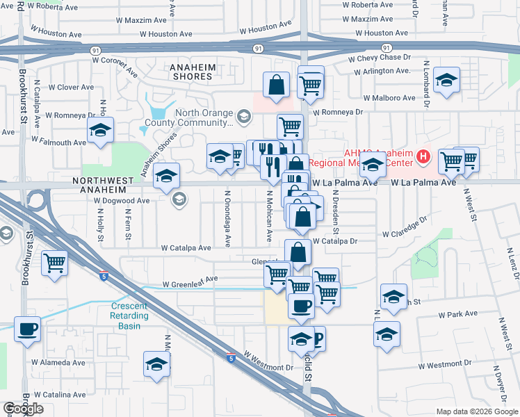 map of restaurants, bars, coffee shops, grocery stores, and more near 949 North Mohawk Avenue in Anaheim