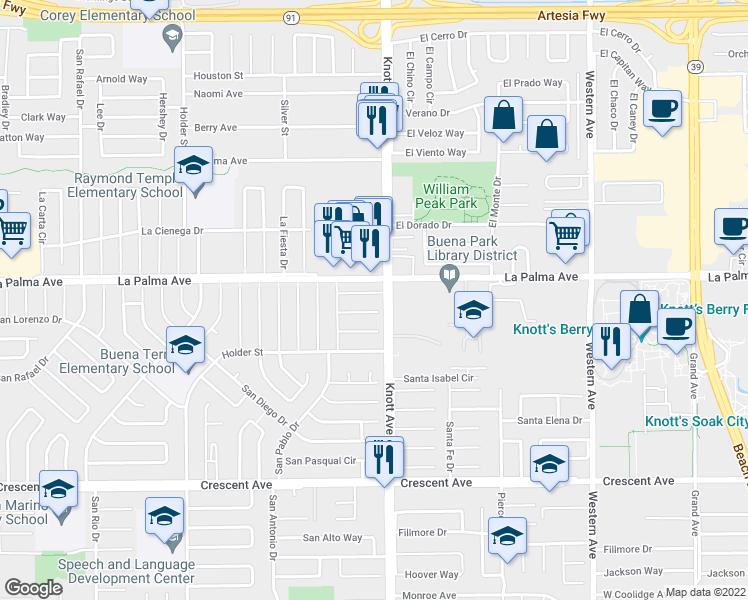 map of restaurants, bars, coffee shops, grocery stores, and more near 6992 San Julian Circle in Buena Park