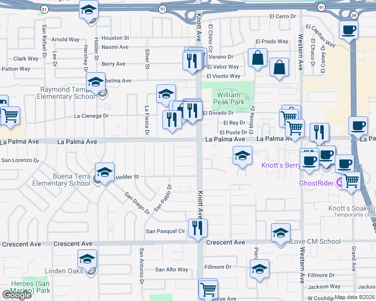 map of restaurants, bars, coffee shops, grocery stores, and more near 6942 San Julian Circle in Buena Park