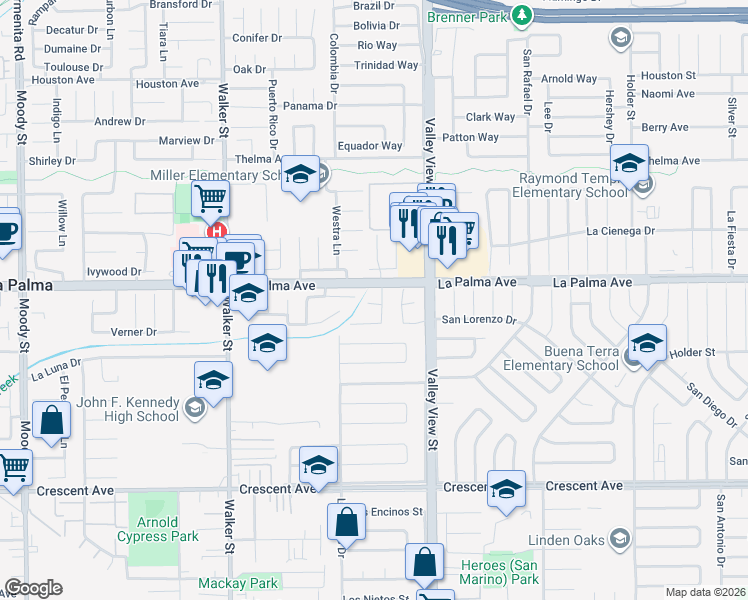 map of restaurants, bars, coffee shops, grocery stores, and more near 5841 Crocus Circle in La Palma