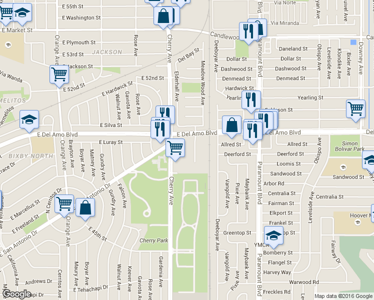 map of restaurants, bars, coffee shops, grocery stores, and more near 4801 Clair Del Avenue in Long Beach