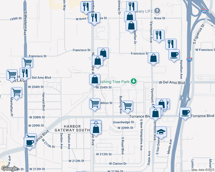 map of restaurants, bars, coffee shops, grocery stores, and more near 1169 West 204th Street in Torrance