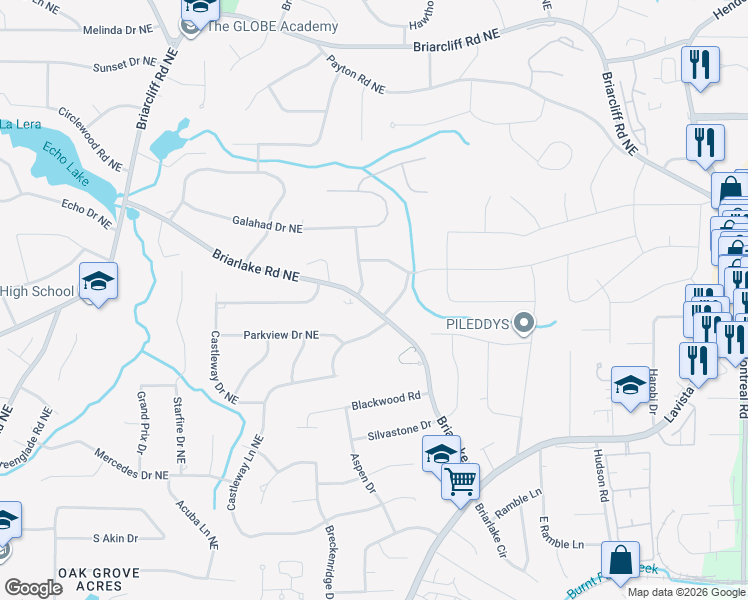 map of restaurants, bars, coffee shops, grocery stores, and more near 2117 Greensward Drive Northeast in Atlanta