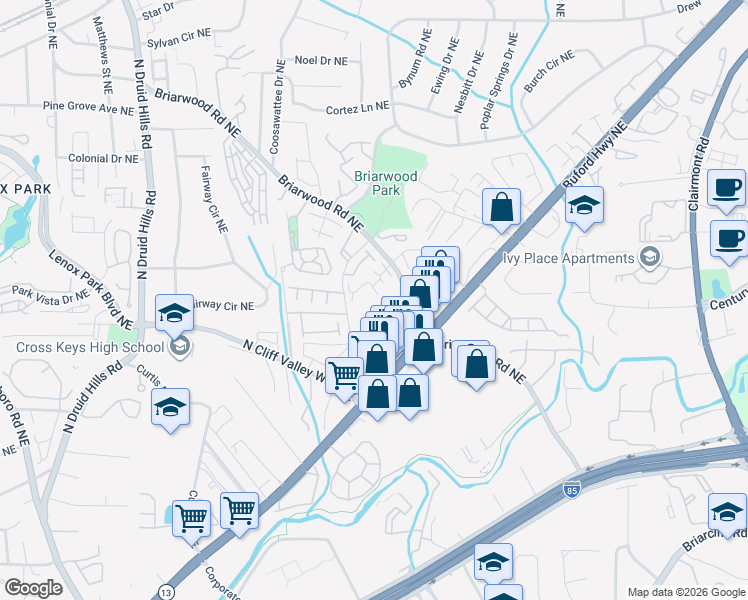 map of restaurants, bars, coffee shops, grocery stores, and more near 1581 Briarwood Road Northeast in Atlanta