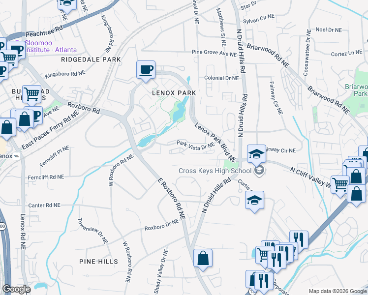 map of restaurants, bars, coffee shops, grocery stores, and more near 3123 Gables Drive Northeast in Atlanta