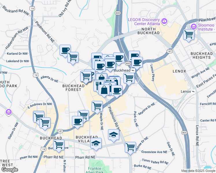 map of restaurants, bars, coffee shops, grocery stores, and more near 3333 Piedmont Road Northeast in Atlanta