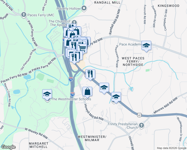 map of restaurants, bars, coffee shops, grocery stores, and more near 3372 Pine Meadow Road Northwest in Atlanta