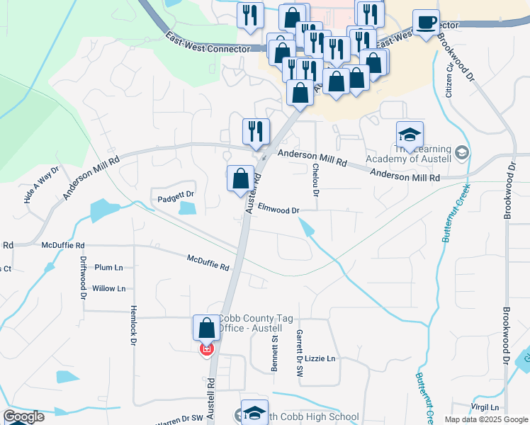 map of restaurants, bars, coffee shops, grocery stores, and more near 1847 Elmwood Drive in Austell