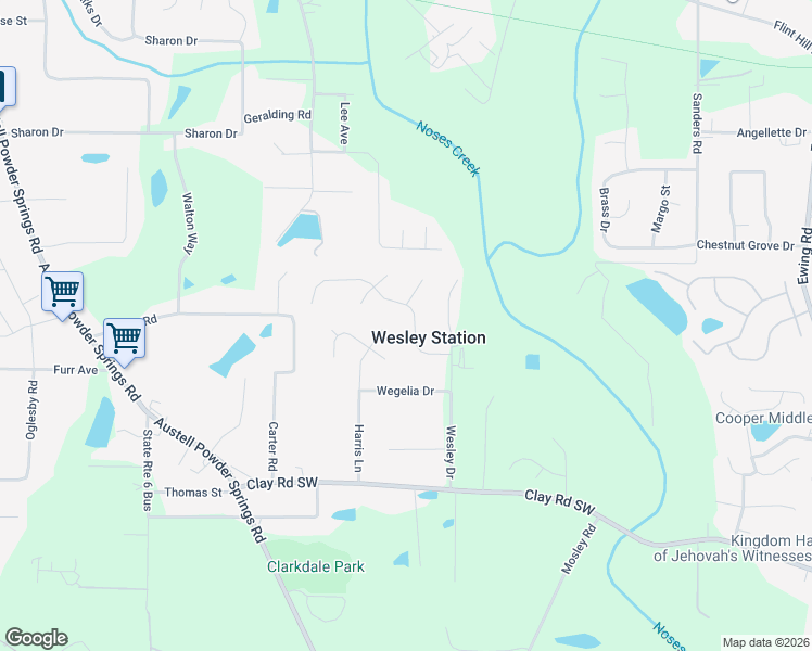 map of restaurants, bars, coffee shops, grocery stores, and more near 4485 Wesley Way in Austell