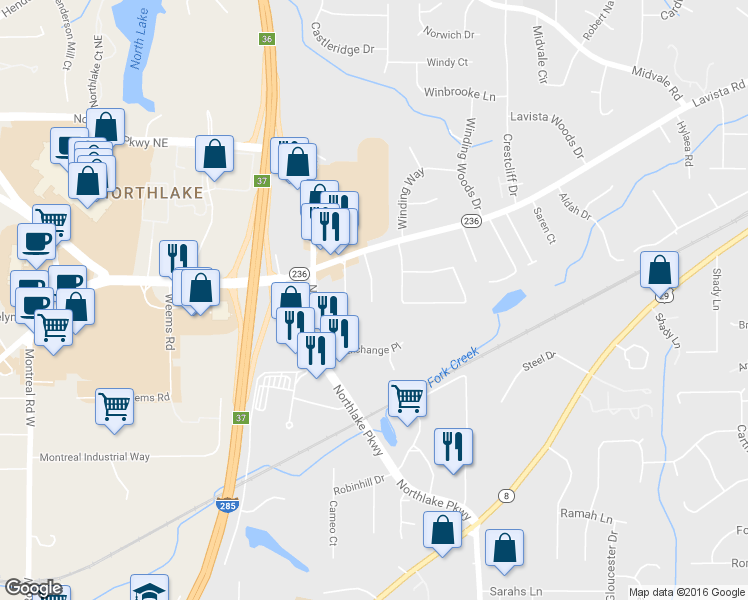 map of restaurants, bars, coffee shops, grocery stores, and more near 2105 Vista Dale Court in Tucker