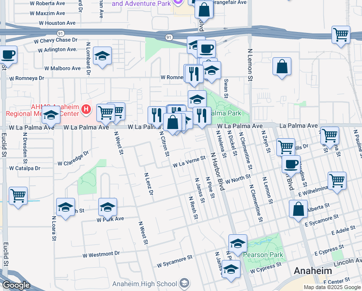 map of restaurants, bars, coffee shops, grocery stores, and more near 701 West Northgate Lane in Anaheim