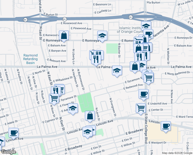 map of restaurants, bars, coffee shops, grocery stores, and more near 637 North Anna Drive in Anaheim