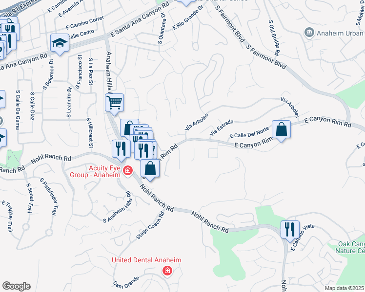 map of restaurants, bars, coffee shops, grocery stores, and more near 500 South Paseo de Luna in Anaheim
