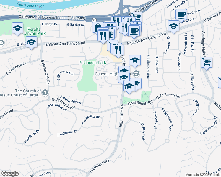 map of restaurants, bars, coffee shops, grocery stores, and more near 5624 East Vista Del Valle in Anaheim