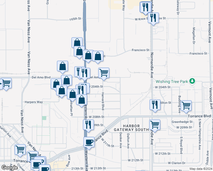 map of restaurants, bars, coffee shops, grocery stores, and more near 1557 West 204th Street in Torrance