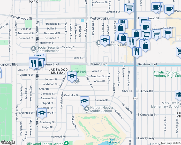 map of restaurants, bars, coffee shops, grocery stores, and more near 3520 Allred Street in Lakewood