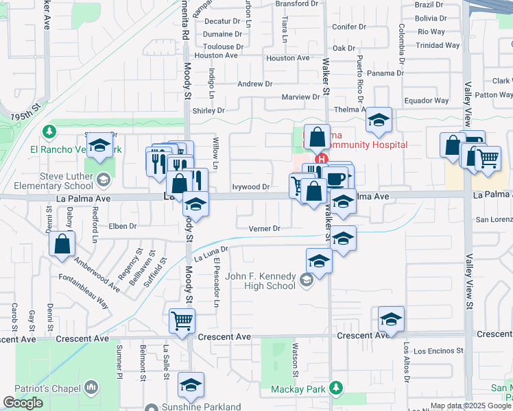 map of restaurants, bars, coffee shops, grocery stores, and more near 8022 Andre Lane in La Palma