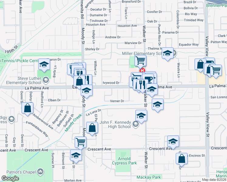 map of restaurants, bars, coffee shops, grocery stores, and more near 8022 Andre Lane in La Palma