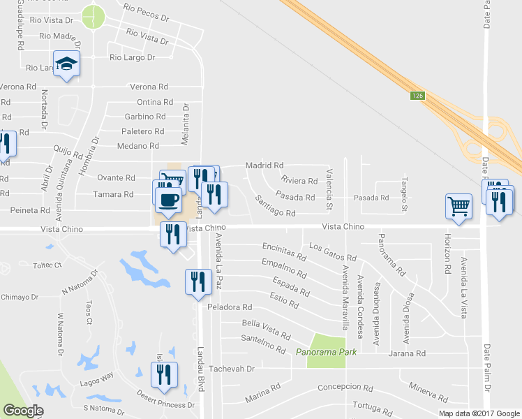 map of restaurants, bars, coffee shops, grocery stores, and more near 27852 San Sebastian Court in Cathedral City