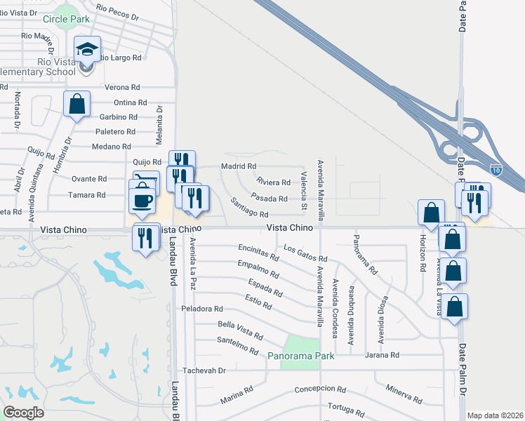 map of restaurants, bars, coffee shops, grocery stores, and more near 68316 Santiago Road in Cathedral City