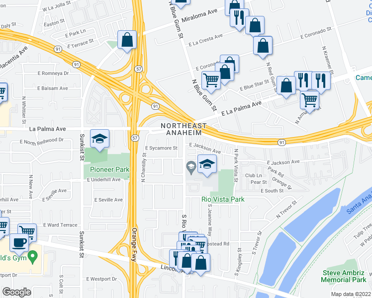 map of restaurants, bars, coffee shops, grocery stores, and more near 428 North Rio Vista Street in Anaheim