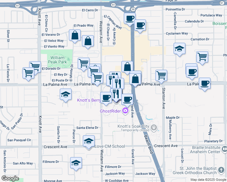 map of restaurants, bars, coffee shops, grocery stores, and more near Beach Boulevard in Buena Park