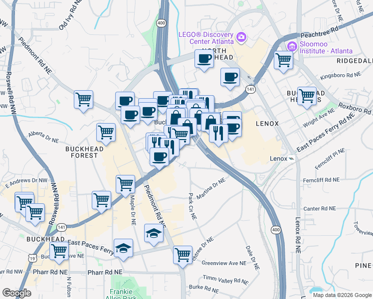 map of restaurants, bars, coffee shops, grocery stores, and more near 3325 Peachtree Rd NE in Atlanta