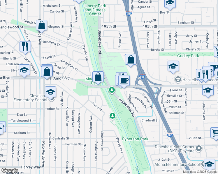 map of restaurants, bars, coffee shops, grocery stores, and more near Del Amo Blvd & Studebaker Rd in Lakewood