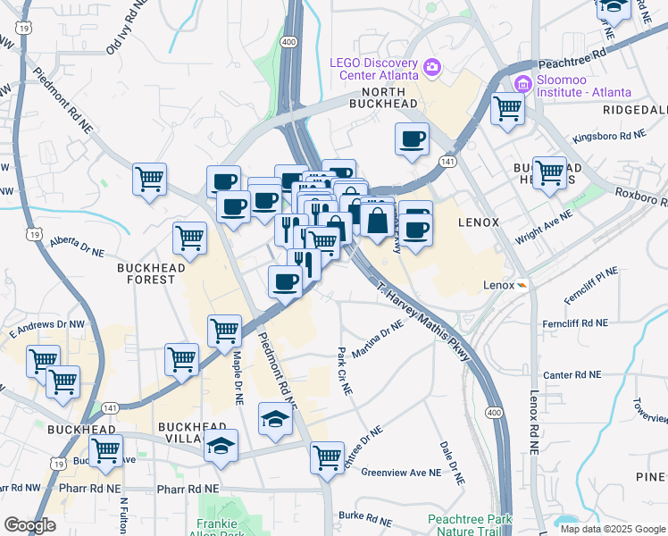 map of restaurants, bars, coffee shops, grocery stores, and more near 3325 Peachtree Road Northeast in Atlanta
