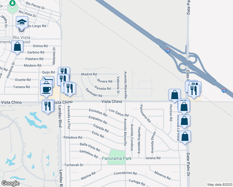 map of restaurants, bars, coffee shops, grocery stores, and more near 68496 Santiago Road in Cathedral City