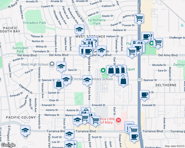 map of restaurants, bars, coffee shops, grocery stores, and more near 20440 Anza Avenue in Torrance